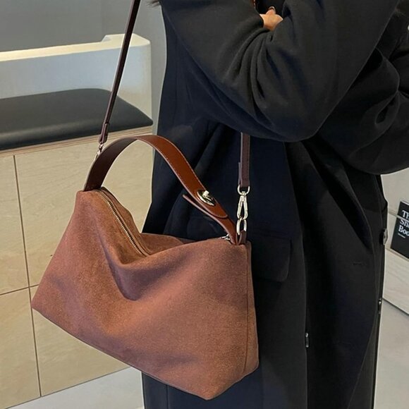 Stylish Coffee Suede Tote with Secure Zipper - Perfect for Everyday Use - Picture 5 of 7